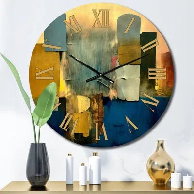 Design Art Sunrise Over City Retro Cubist Colourfields Metal Wall Clock In Gold