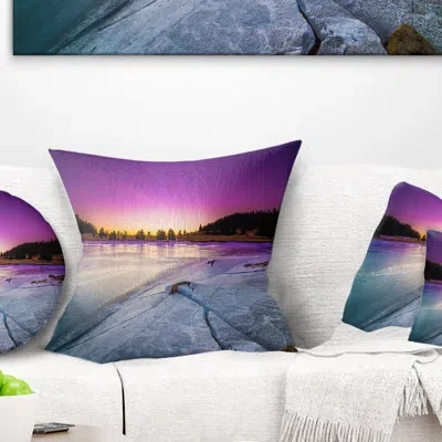 Design Art Sunrise Over Frozen Lake - Landscape Printed Pillow In Purple