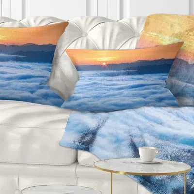Design Art Sunrise Over Misty Sea Waters Landscape Photography Lumbar Pillow In Blue