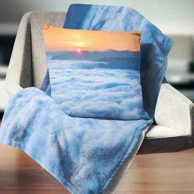 Design Art Sunrise Over Misty Sea Waters Landscape Photography Pillow In Blue