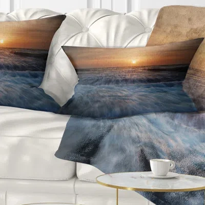 Design Art Sunrise Over Rushing White Waves - Sea & Shore Printed Pillow In Blue;orange