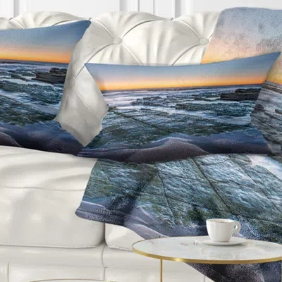 Design Art Sunrise Over Wide Sydney Ocean - Sea & Shore Printed Throw Pillow In Blue;orange