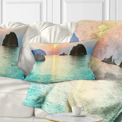 Design Art Sunrise Panorama - Sea & Shore Printed Throw Pillow In Blue;pink