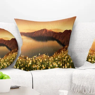 Design Art Sunrise Wildflowers On Santorini - Floral Printed Pillow In Green;orange
