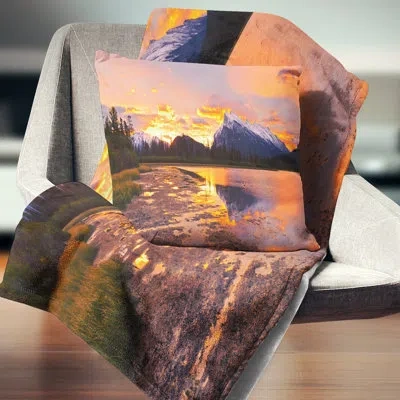 Design Art Sunset Above Vermilion Lakes Landscape Photography Pillow In Yellow