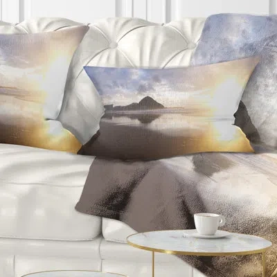 Design Art Sunset At Donostia Beach - Sea & Shore Printed Throw Pillow In Blue