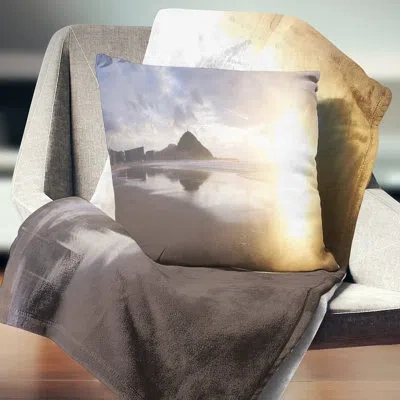 Design Art Sunset At Donostia Beach - Sea & Shore Printed Throw Pillow In Blue