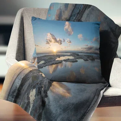 Design Art Sunset At La Perhouse Beach - Sea & Shore Printed Throw Pillow In Blue;white