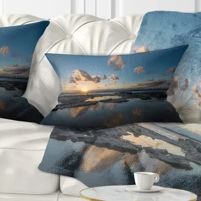 Design Art Sunset At La Perhouse Beach - Sea & Shore Printed Throw Pillow In Blue;white