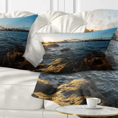 Design Art Sunset At Opera House Sydney - Sea & Shore Printed Throw Pillow In Blue;black;brown;green;red;yellow