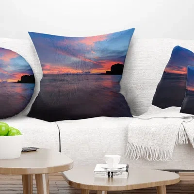 Design Art Sunset At Railay Beach Andaman Sea - Sea & Shore Printed Pillow In Purple