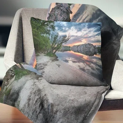 Design Art Sunset At River With Large Rock Landscape Photo Pillow In Blue