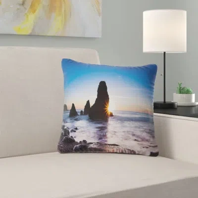 Design Art Sunset At Rodeo Beach Panorama - Sea & Shore Printed Pillow In Blue