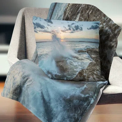 Design Art Sunset At Sydney Seashore - Sea & Shore Printed Throw Pillow In Blue;white