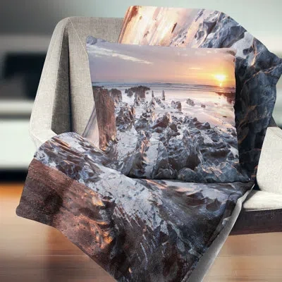 Design Art Sunset At Woolacombe Bay Devon Uk - Sea & Shore Printed Throw Pillow In Blue;orange