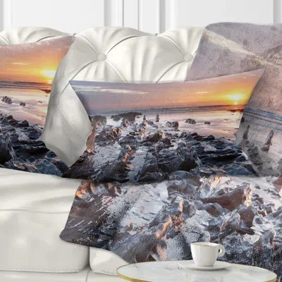 Design Art Sunset At Woolacombe Bay Devon Uk - Sea & Shore Printed Throw Pillow In Blue;orange