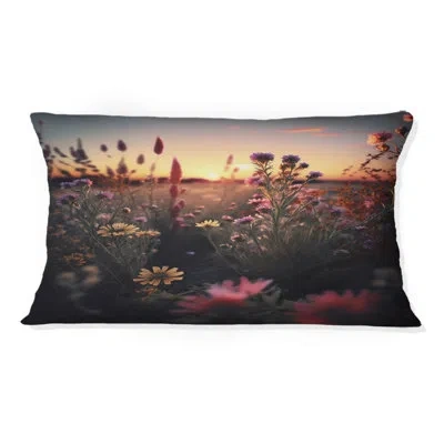 Design Art Sunset Field Of Flowers I - Daisy Printed Throw Pillow In Orange;purple