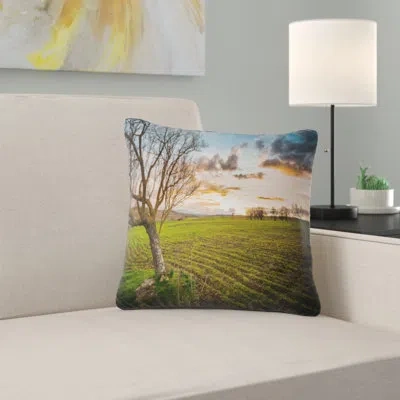 Design Art Sunset In Sardinia Grassland - Landscape Printed Pillow In Green
