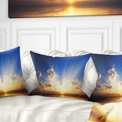 Design Art Sunset In The Ocean Blue Sky Panorama - Sea & Shore Printed Throw Pillow In Red