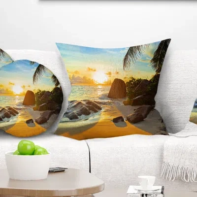 Design Art Sunset In Tropical Beach - Landscape Printed Pillow In Blue;orange
