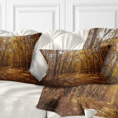 Design Art Sunset In Yellow Autumn Forest - Forest Printed Throw Pillow
