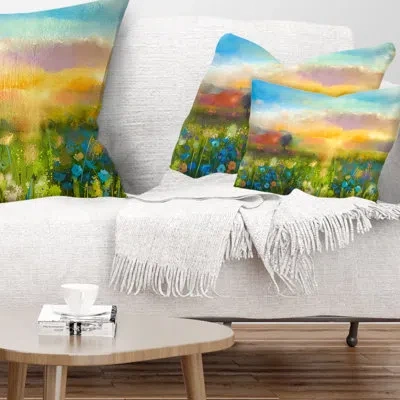 Design Art Sunset Meadow Landscape - Landscape Printed Throw Pillow