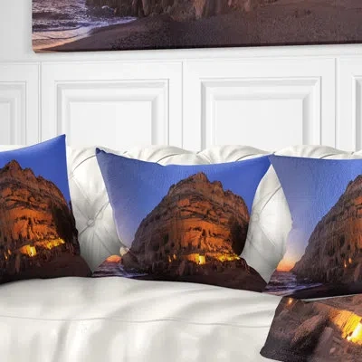 Design Art Sunset On The Matala Beach Greece - Sea & Shore Printed Throw Pillow In Blue