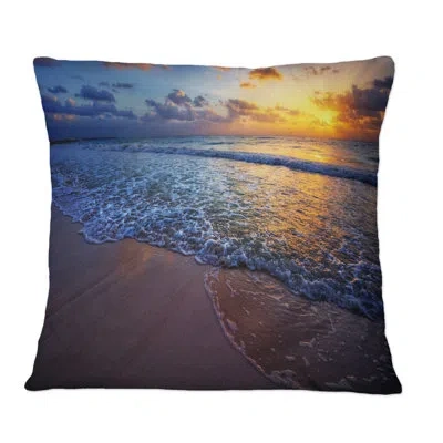 Design Art Sunset Over An Ocean Beach Shore I - Nautical & Coastal Printed Throw Pillow In Brown;orange