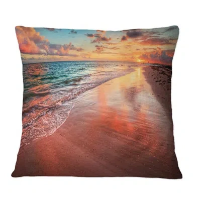 Design Art Sunset Over An Ocean Beach Shore Ii - Nautical & Coastal Printed Throw Pillow In Blue;orange
