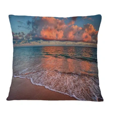 Design Art Sunset Over An Ocean Beach Shore Iii - Nautical & Coastal Printed Throw Pillow In Blue;brown