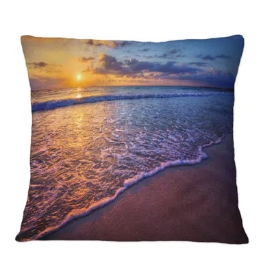 Design Art Sunset Over An Ocean Beach Shore Iv - Nautical & Coastal Printed Throw Pillow In Blue;orange