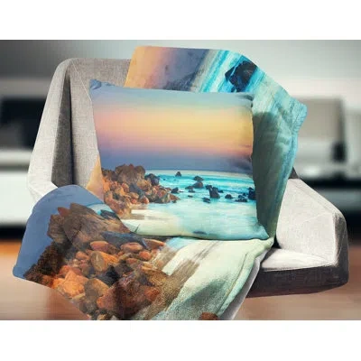 Design Art Sunset Over Blue Sky - Sea & Shore Printed Pillow In Blue;beige