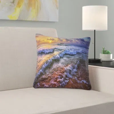 Design Art Sunset Over Blue Tinged Waves - Sea & Shore Printed Pillow