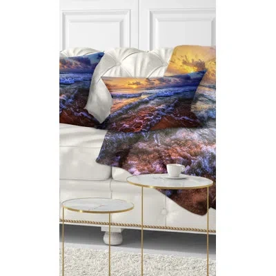 Design Art Sunset Over Blue Tinged Waves - Sea & Shore Printed Throw Pillow