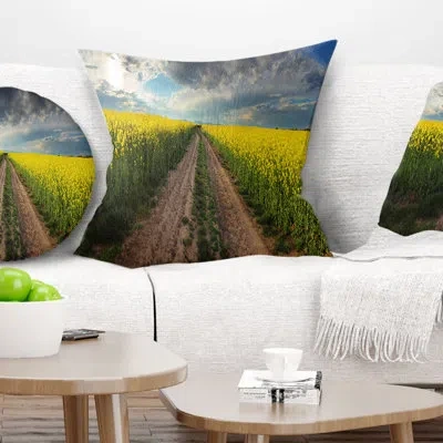Design Art Sunset Over Canola Panorama - Landscape Printed Pillow In Blue;black;brown;green;red;yellow