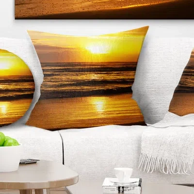 Design Art Sunset Over Dark Sea - Sea & Shore Printed Pillow In Yellow