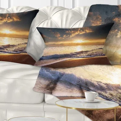 Design Art Sunset Over Foaming Waves - Sea & Shore Printed Throw Pillow