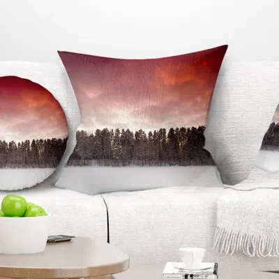 Design Art Sunset Over Frozen Lake - Landscape Printed Pillow In Black;red