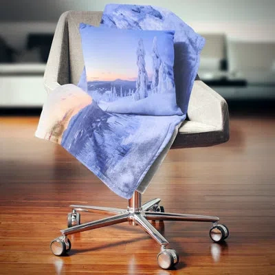 Design Art Sunset Over Frozen Trees - Landscape Printed Pillow In Blue;black;brown;green;red;yellow