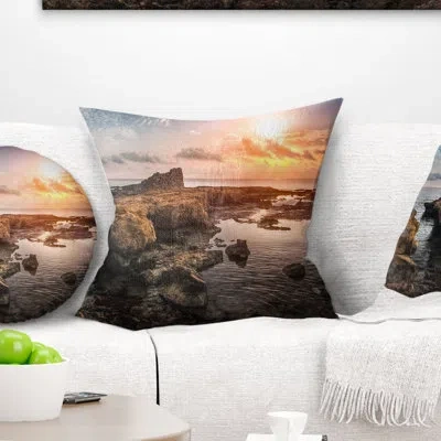 Design Art Sunset Over Rocky African Coast - Sea & Shore Printed Throw Pillow In Brown;orange