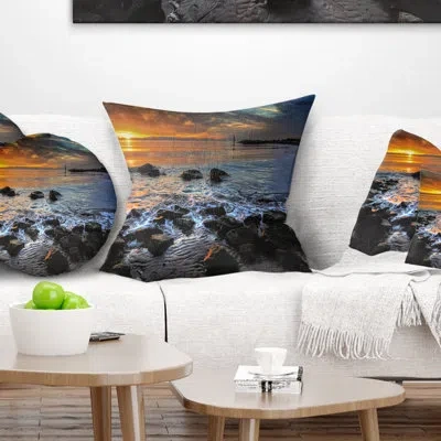 Design Art Sunset Over Rocky Ocean Shore - Landscape Printed Pillow In Gray