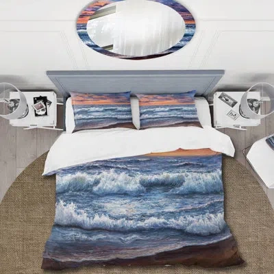 Design Art Sunset Over The Blue Ocean Ii - Nautical & Coastal Duvet Cover Set - Microfiber Polyester In Blue,brown,orange