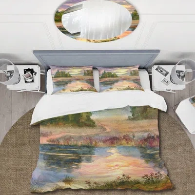 Design Art Sunset Over The Lake I - Traditional Duvet Cover Set - Microfiber Polyester In Green,brown,purple