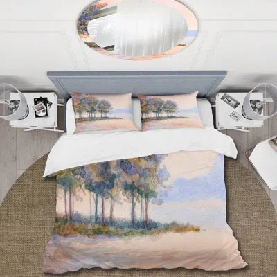Design Art Sunset Over The Lake Ii - Traditional Duvet Cover Set - Microfiber Polyester In Beige,purple
