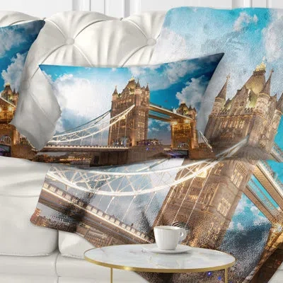 Design Art Sunset Over Tower Bridge - Cityscape Printed Throw Pillow In Blue