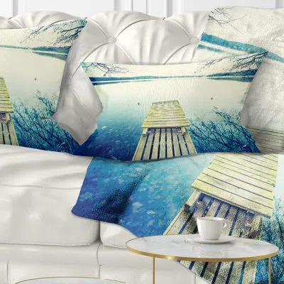 Design Art Sunset Over Tranquil Lake - Pier & Bridge Printed Throw Pillow