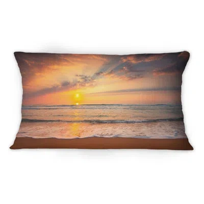 Design Art Sunset Over Waves Breaking At The Shore - Nautical & Coastal Printed Throw Pillow 12" X 20"