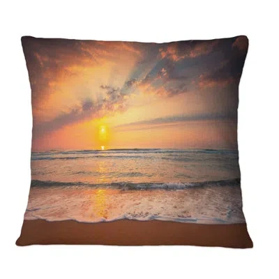 Design Art Sunset Over Waves Breaking At The Shore - Nautical & Coastal Printed Throw Pillow In Brown;orange