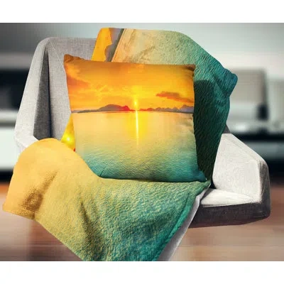 Design Art Sunset Panorama - Sea & Shore Printed Pillow In Green;orange