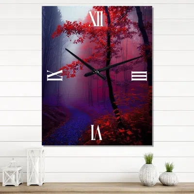 Design Art Sunset Shining Misty Trees Autumn Forest - Forest Wall Clock Oversized In Purple